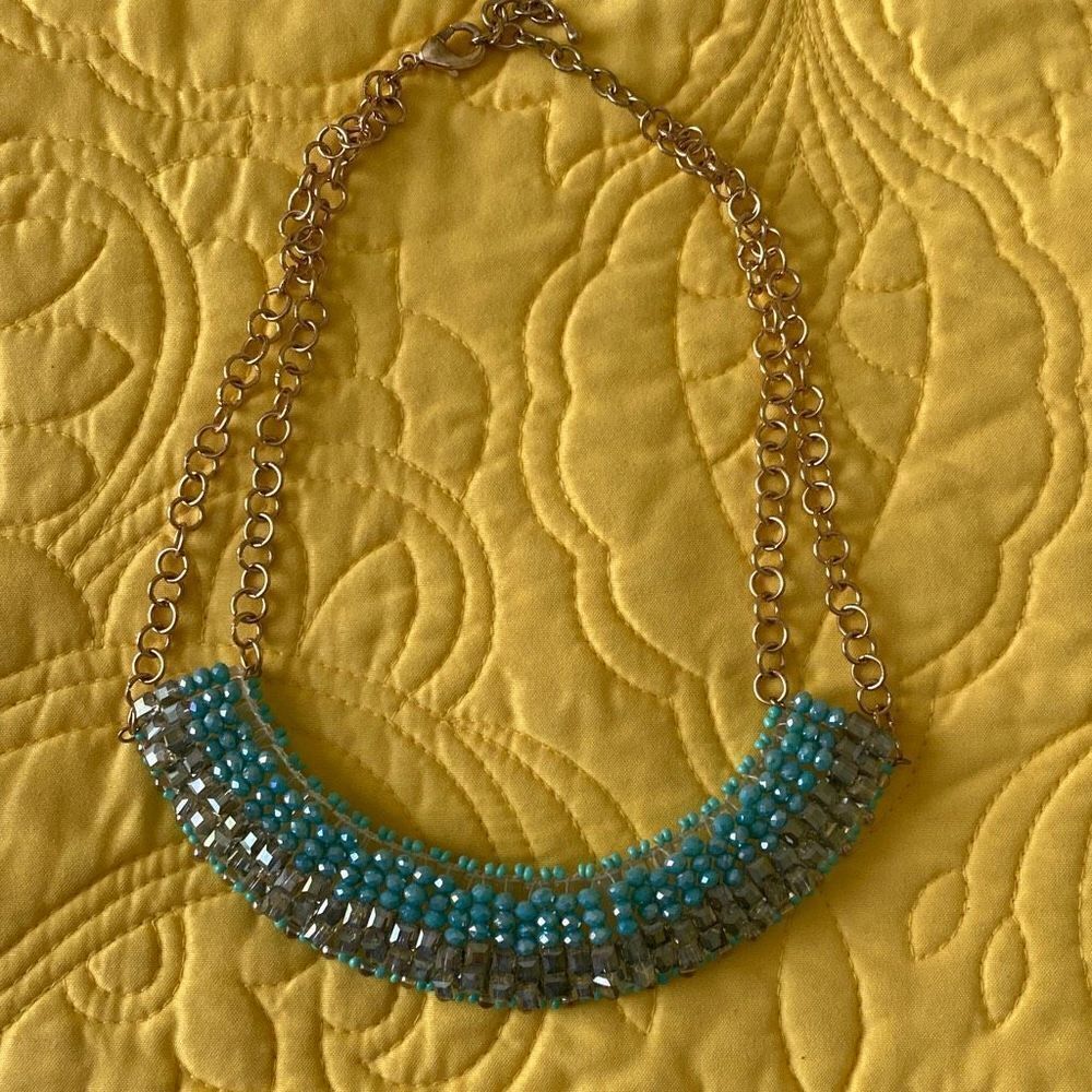 Shade of Turquoise Beaded Necklace With Gold Tone Chain